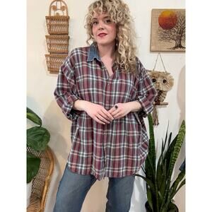 90s Volup Denim Collar Plaid Button Up